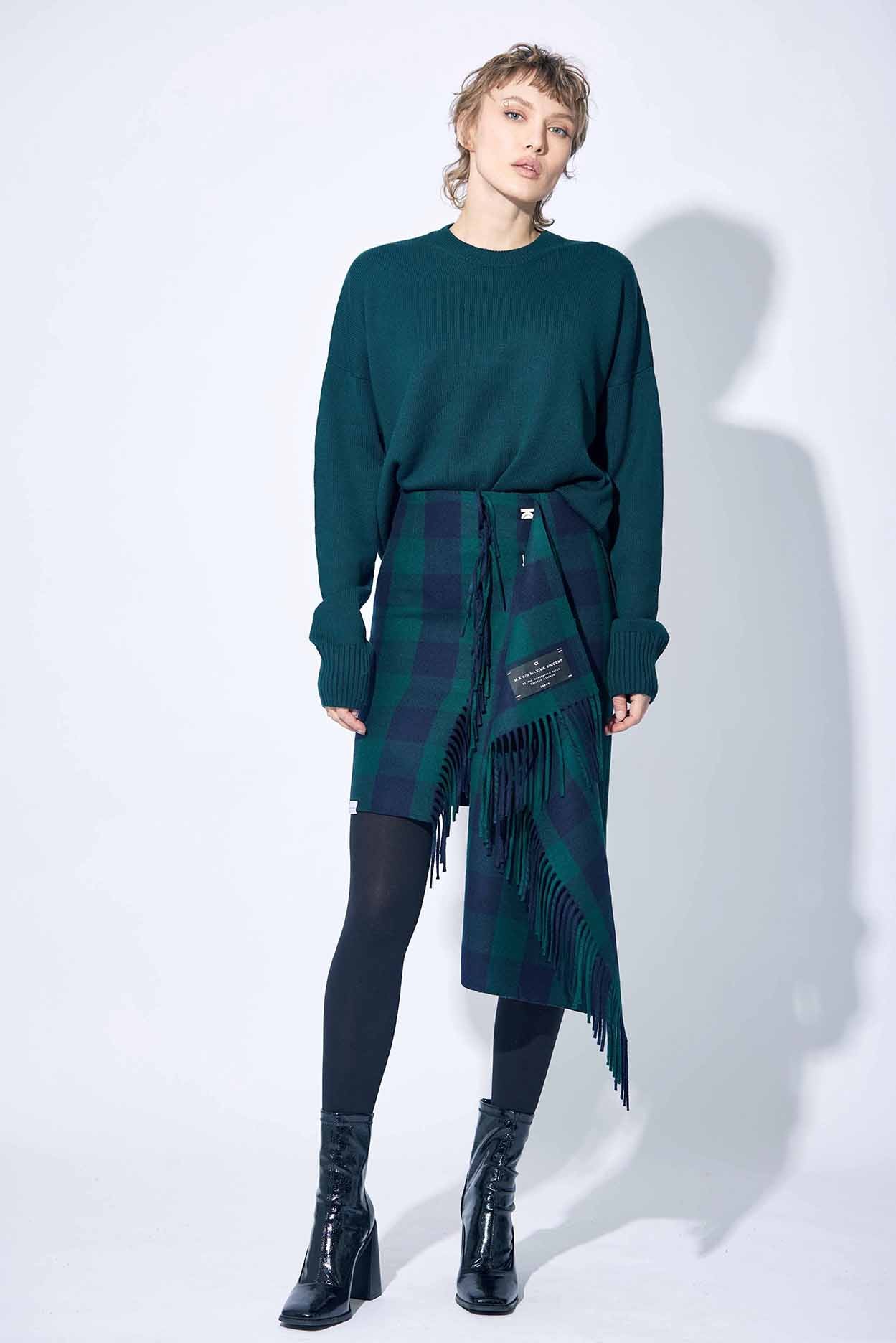 FRINGED CHECKED WOOL SKIRT