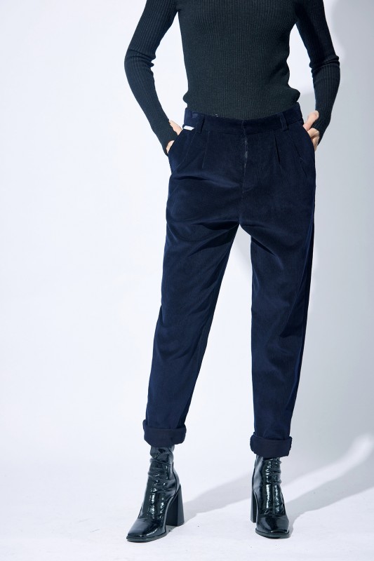 Women's High Rise Elastic Trousers Carrot Pants Navy Blue 
