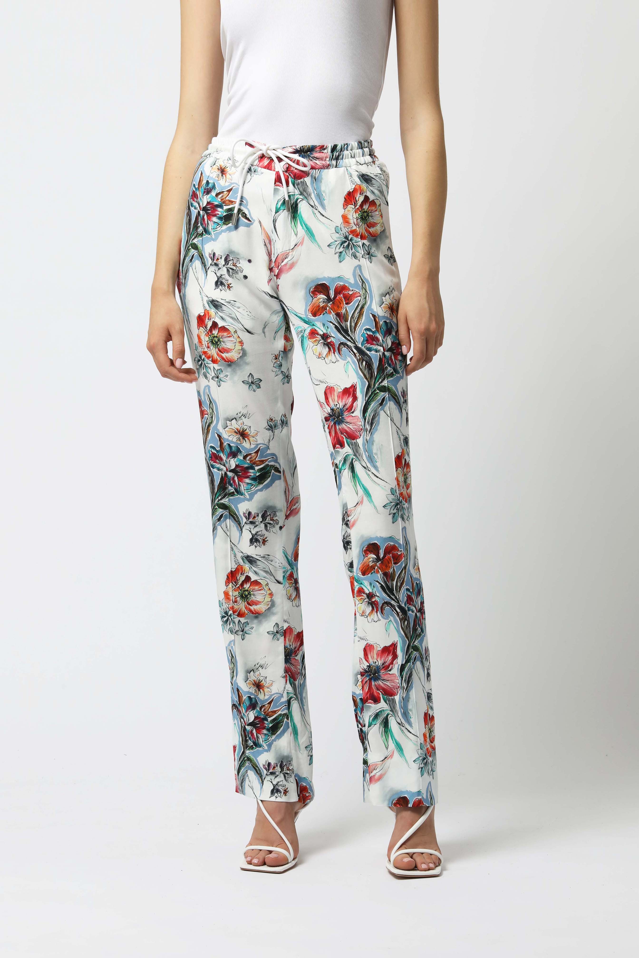 FLOWER PRINT CASUAL PANTS WHITE BACKGROUND